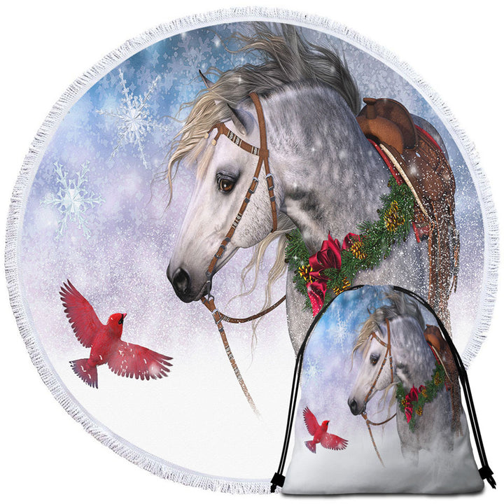 Snowy Christmas Beach Towels with Red Bird and White Horse