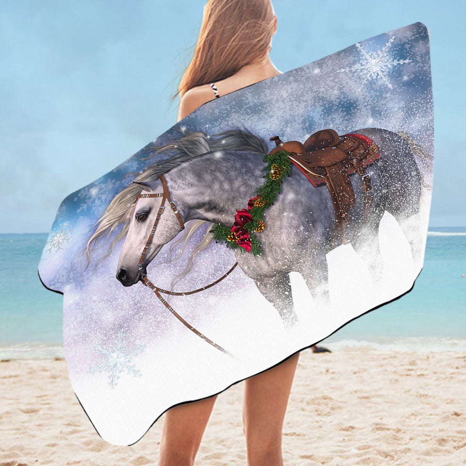 Snowy Christmas Beach Towels with White Horse