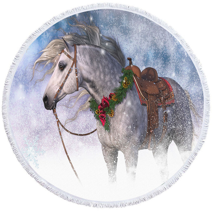 Snowy Christmas Big Beach Towels with White Horse