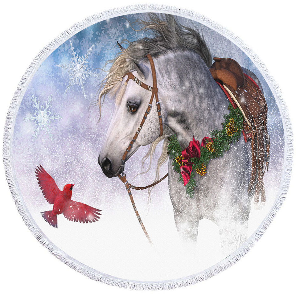 Snowy Christmas Circle Beach Towel with Red Bird and White Horse