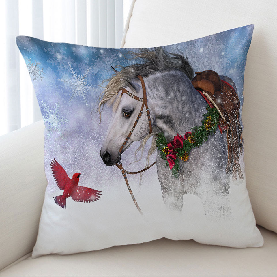 Snowy Christmas Cushion with Red Bird and White Horse