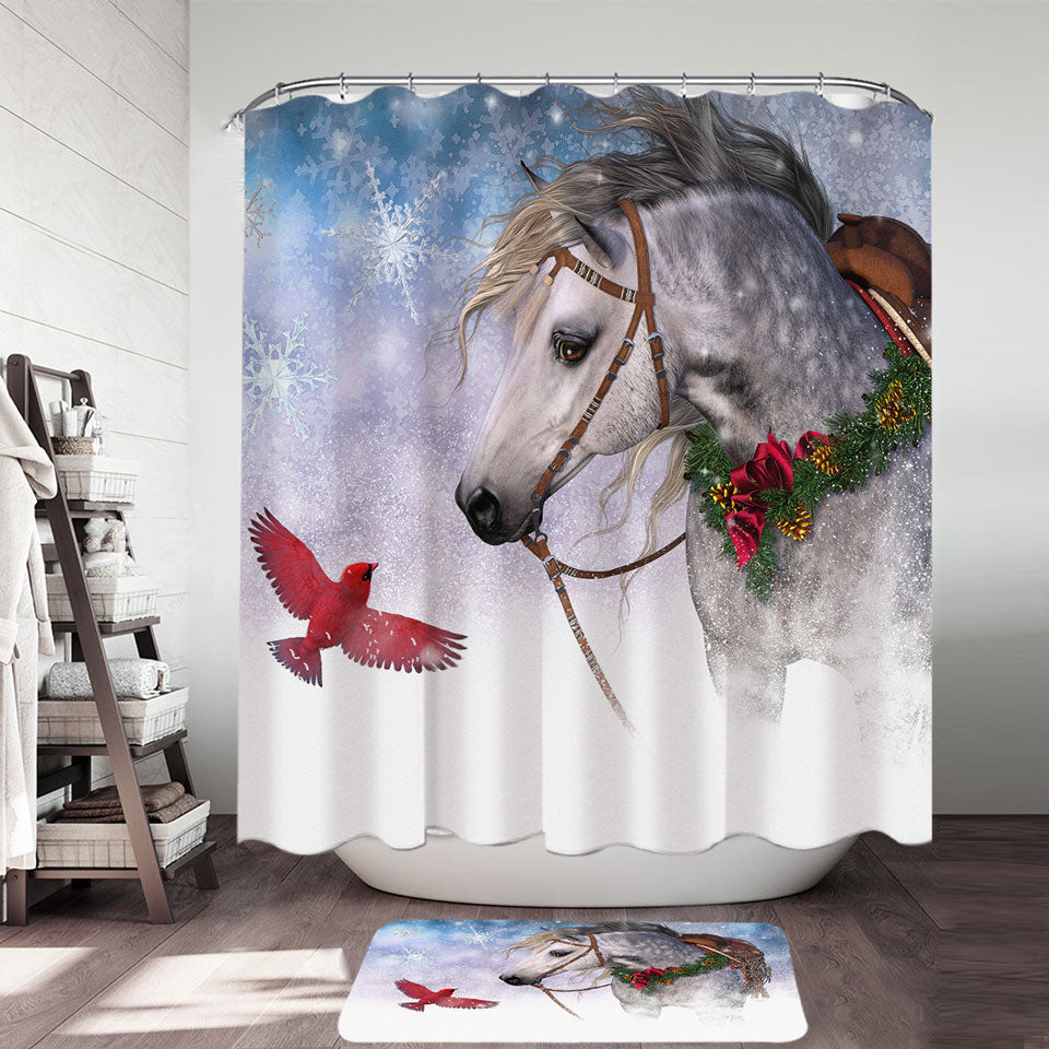 Snowy Christmas Shower Curtain with Red Bird and White Horse