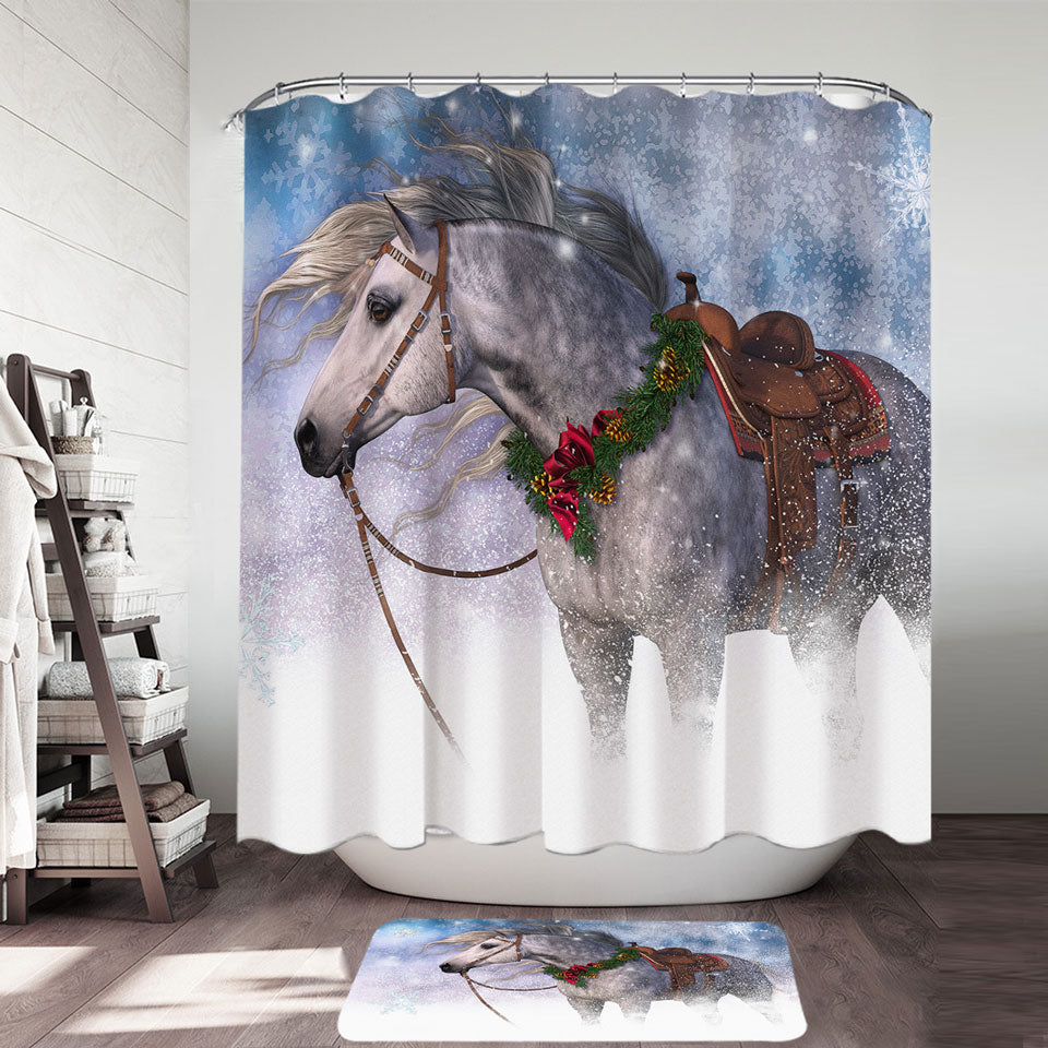Snowy Christmas Shower Curtains with White Horse
