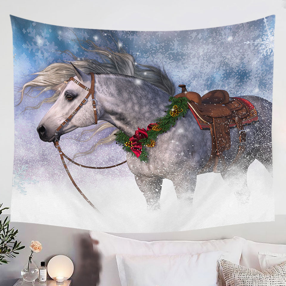 Snowy-Christmas-Tapestries-Wall-Decor-with-White-Horse