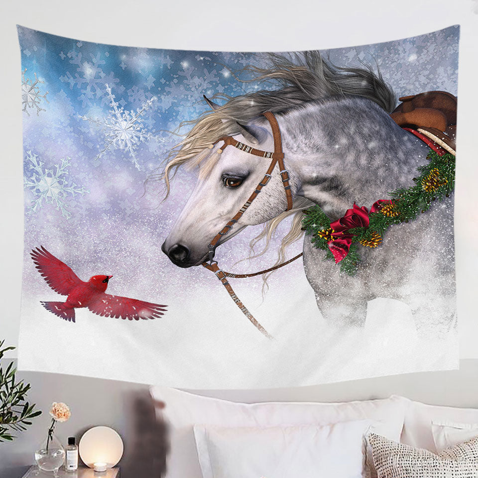 Snowy-Christmas-Tapestry-with-Red-Bird-and-White-Horse