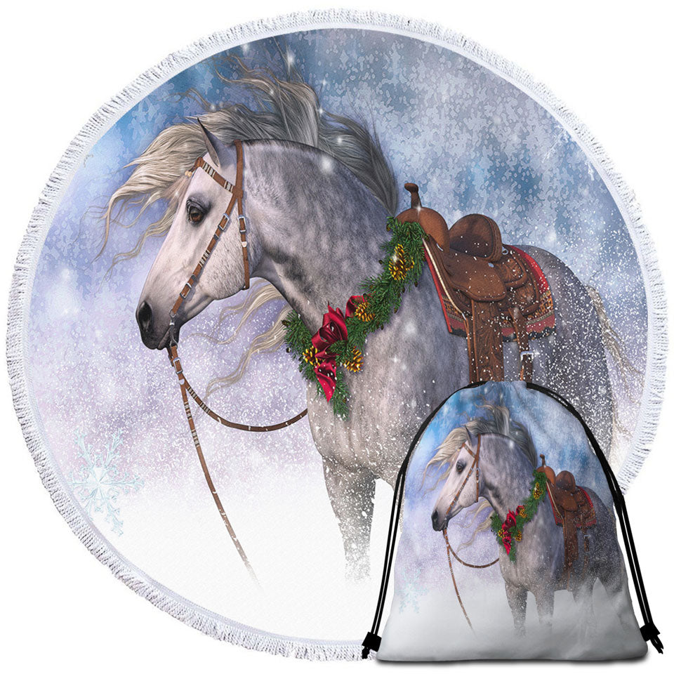 Snowy Christmas Travel Beach Towel with White Horse