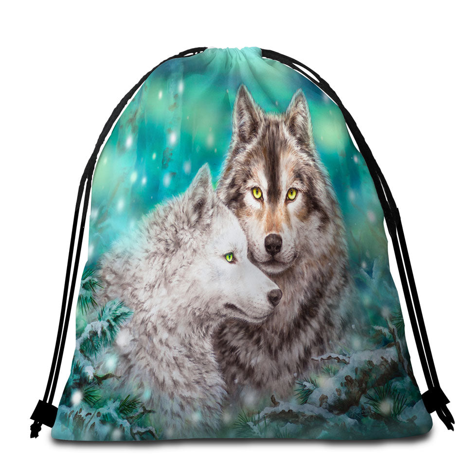 Snowy Forest Wolves Beach Towel Bags