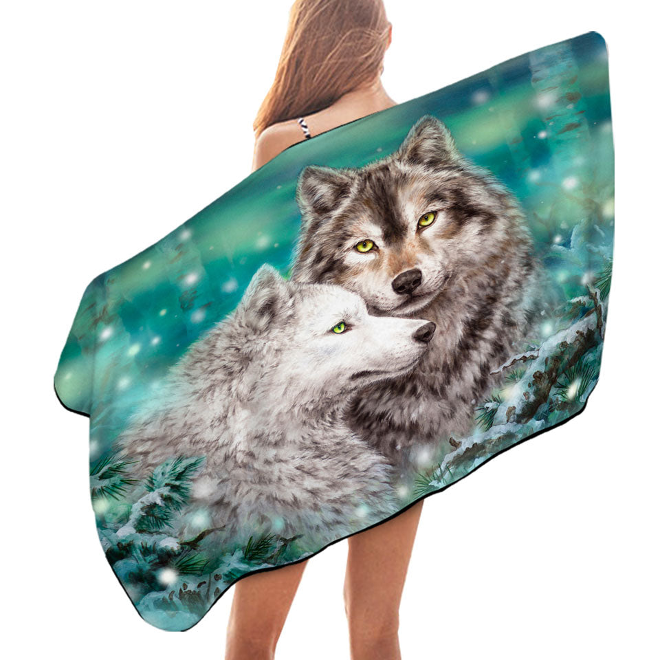 Snowy Forest Wolves Beach Towel