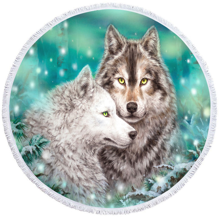 Snowy Forest Wolves Round Beach Towel