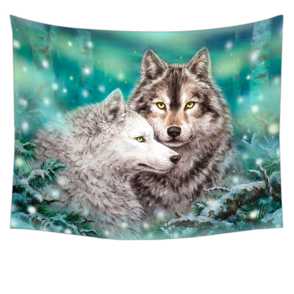 Snowy Forest Wolves Tapestry