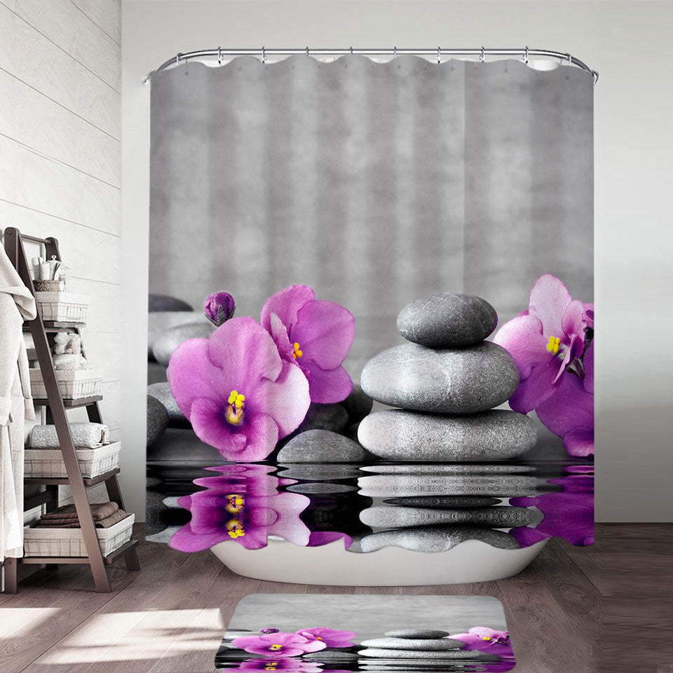 Spa Shower Curtain Purple Orchid Flower over Spa Pebbles