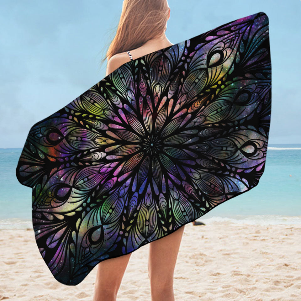 Space Feathers Mandala Lightweight Beach Towel