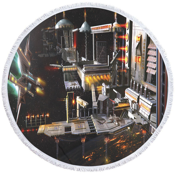 Space Station Circle Beach Towel Landing Bay Science Fiction Art