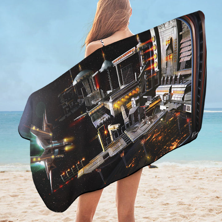 Space Station Microfiber Beach Towel Landing Bay Science Fiction Art