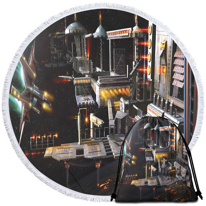 Space Station Round Beach Towel Landing Bay Science Fiction Art