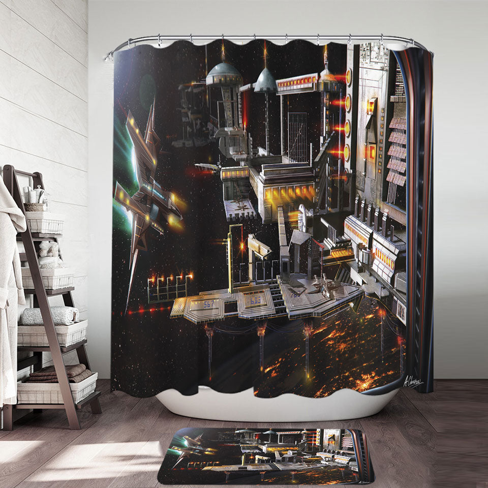 Space Station Shower Curtains Landing Bay Science Fiction Art