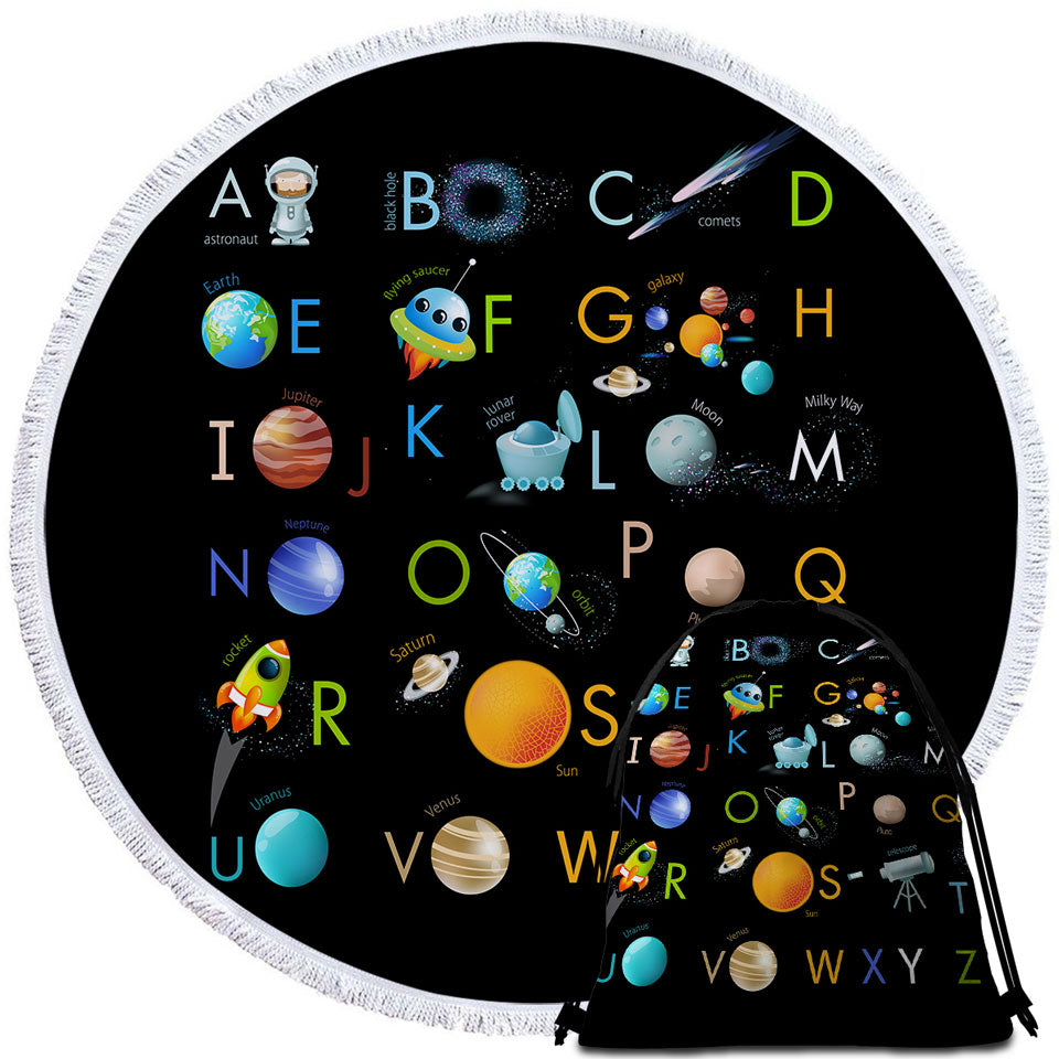 Space Themed Alphabet for Kids Round Beach Towel