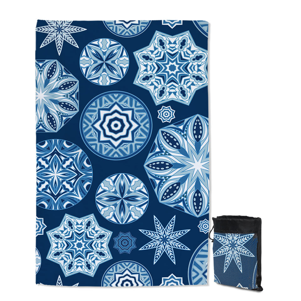 Sparkling Blue Beach Towels Snowflakes Mandalas