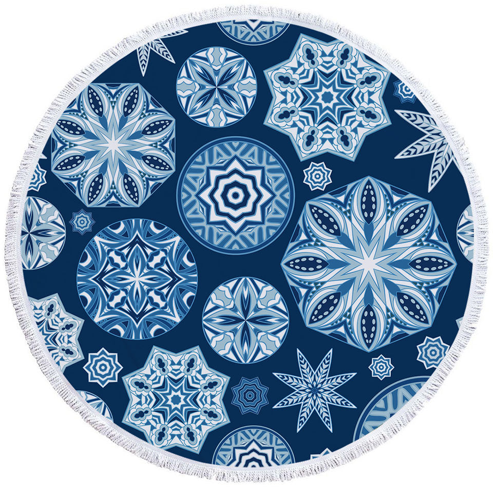 Sparkling Blue Big Beach Towels Snowflakes Mandalas
