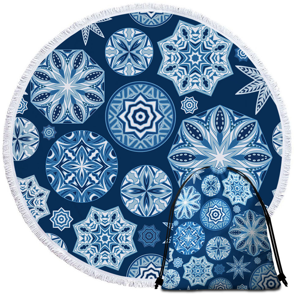 Sparkling Blue Circle Beach Towel Snowflakes Mandalas