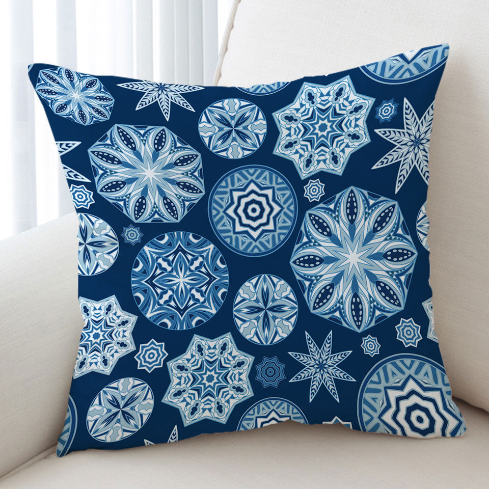 Sparkling Blue Cushion Covers Snowflakes Mandalas