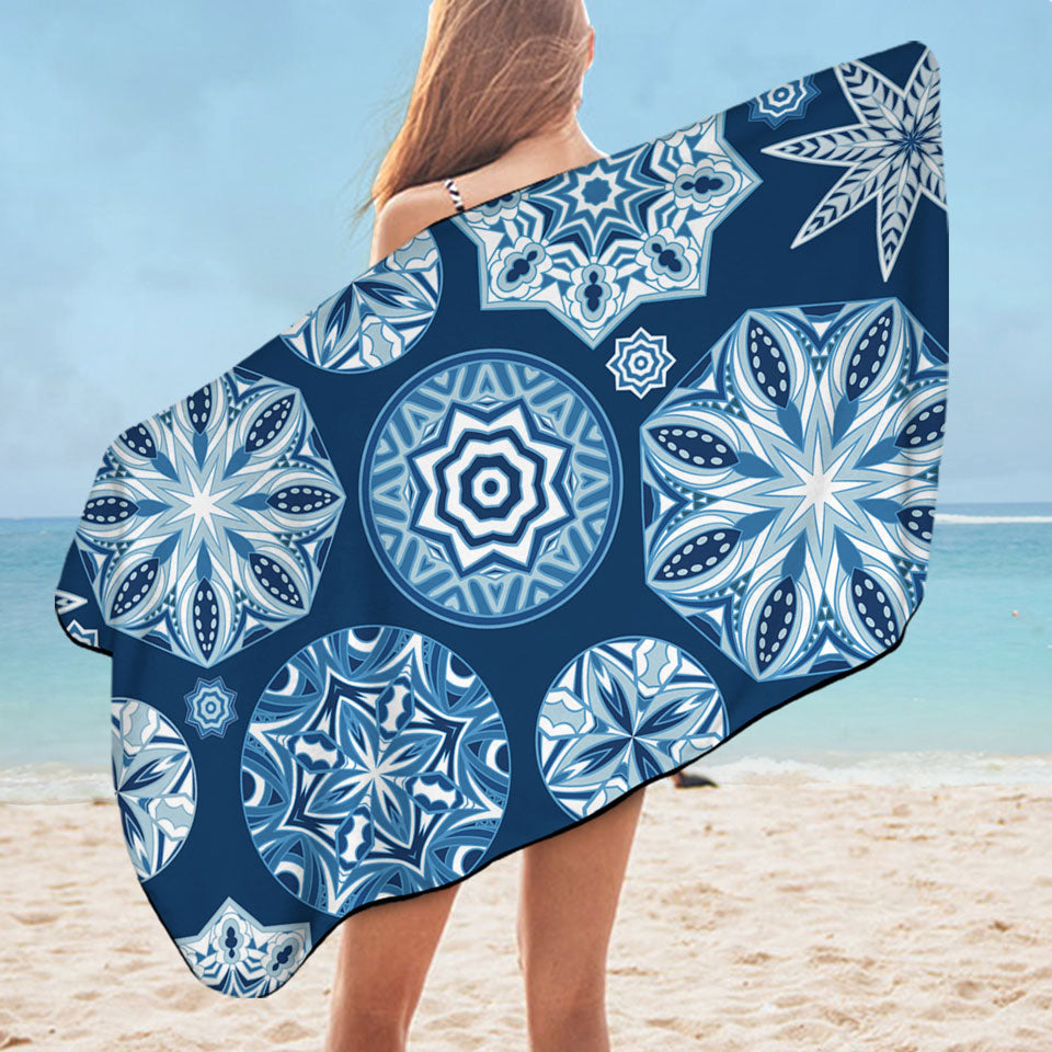 Sparkling Blue Microfiber Beach Towel Snowflakes Mandalas