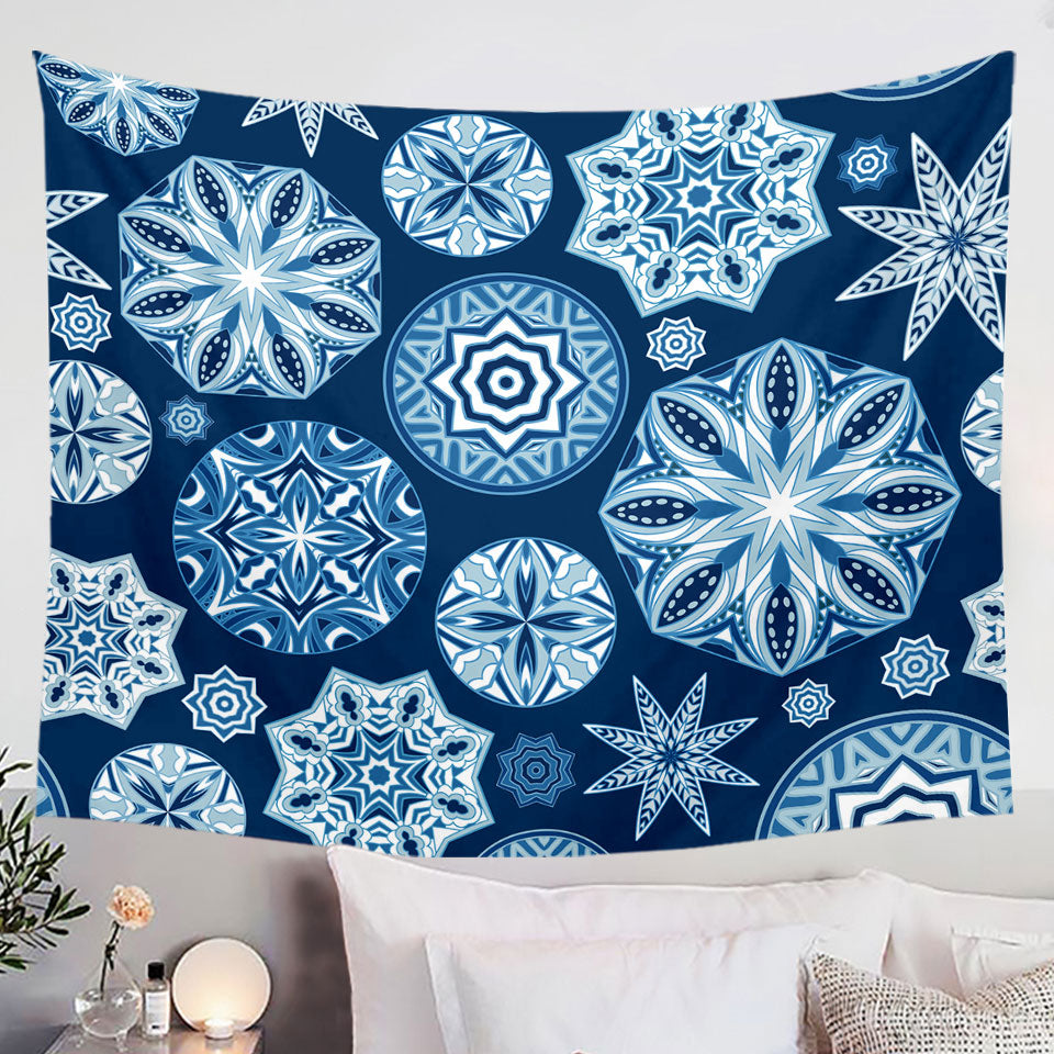Sparkling Blue Snowflakes Mandalas Tapestry