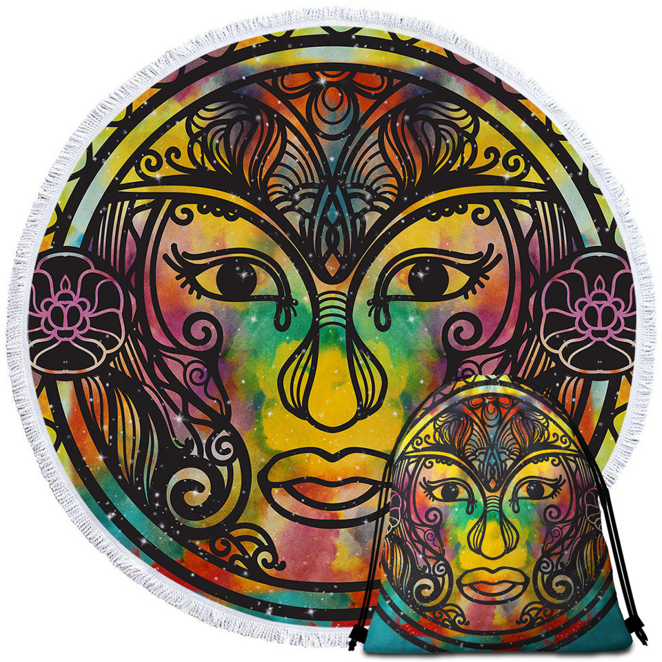 Spiritual Oriental God Face Circle Beach Towel