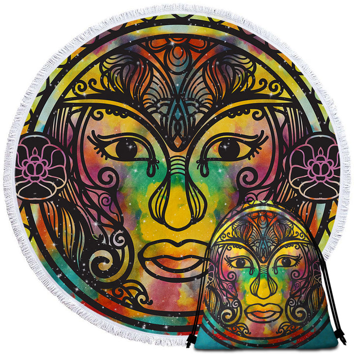 Spiritual Oriental God Face Circle Beach Towel