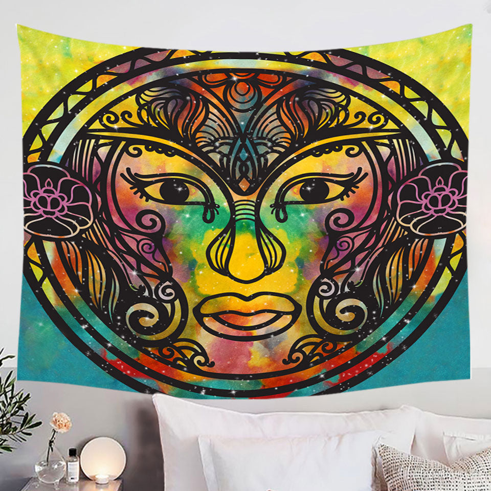 Spiritual Oriental Wall Decor Tapestry with God Face over Space