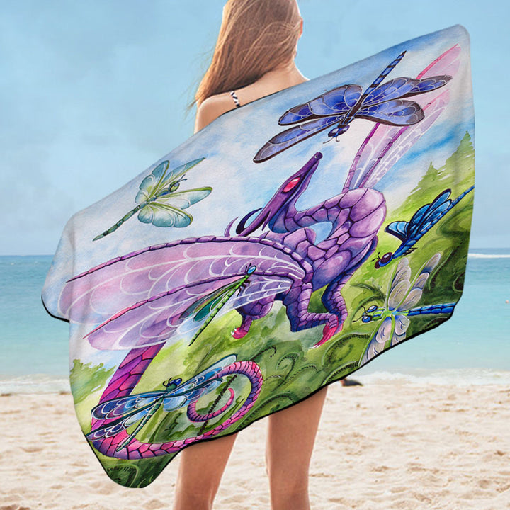 Spring Microfiber Beach Towel Dragon and Dragonflies