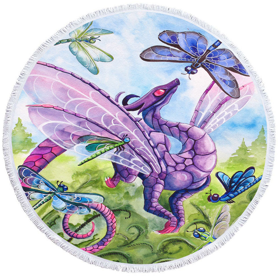 Spring Round Beach Towel Dragon and Dragonflies