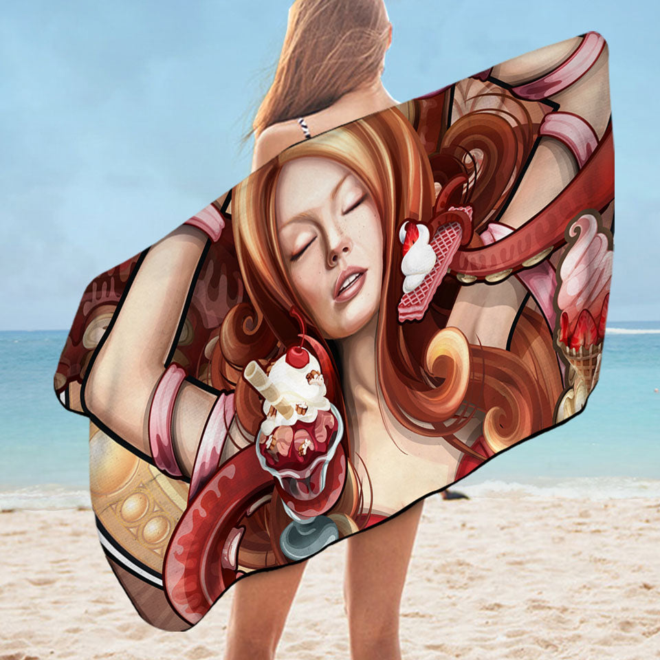 Strawberry Ice Cream Cthulhu and Beautiful Woman Microfiber Beach Towel