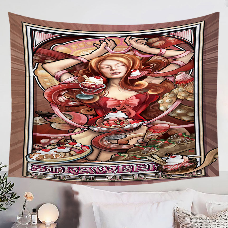 Strawberry-Ice-Cream-Cthulhu-and-Beautiful-Woman-Tapestry
