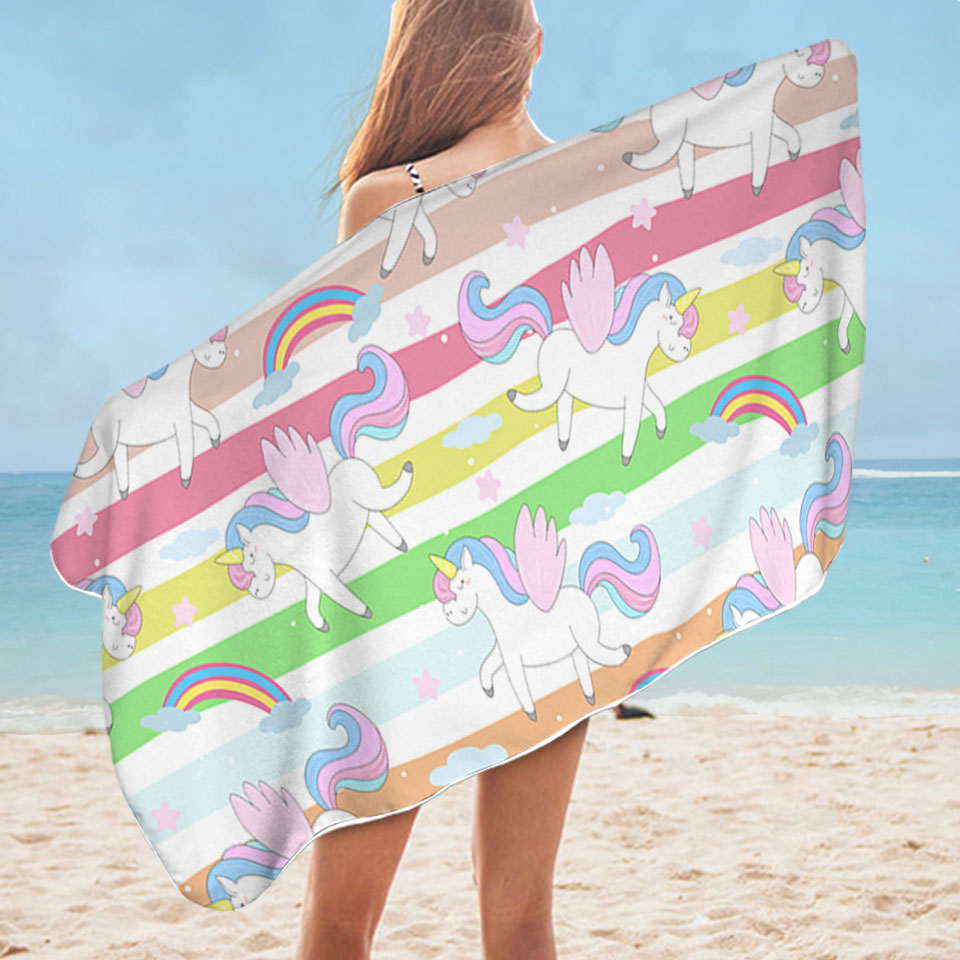 Stripes and Rainbow Unicorn Kids Beach Towels