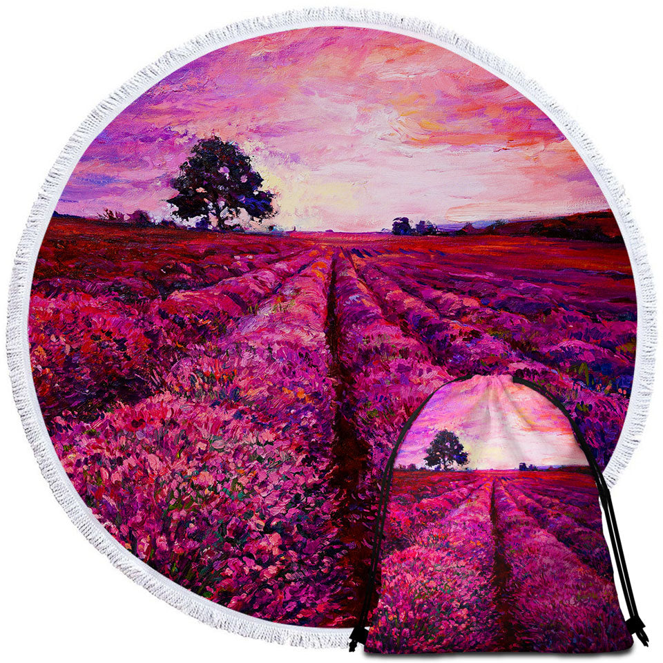 Stunning Art Beach Towels and Bags Set Purplish Sky above Lavender Field