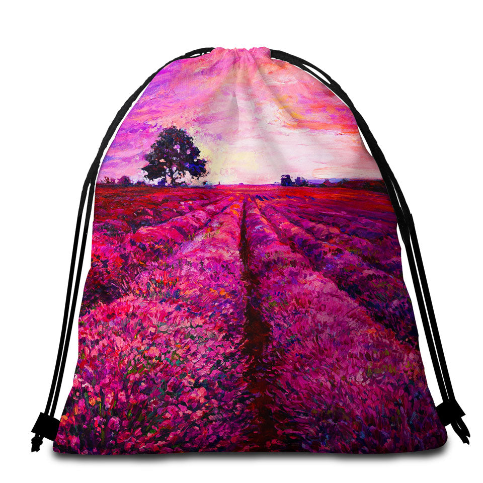 Stunning Art Packable Beach Towel Purplish Sky above Lavender Field