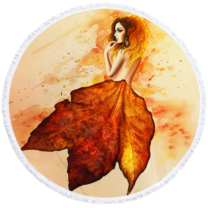 Stunning Art Painting Miss Autumn Round Beach Towel