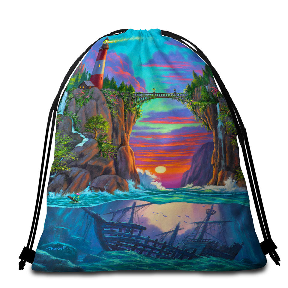 Stunning Art Sunset Sunken Ship and Lighthouse Beach Towel Bags
