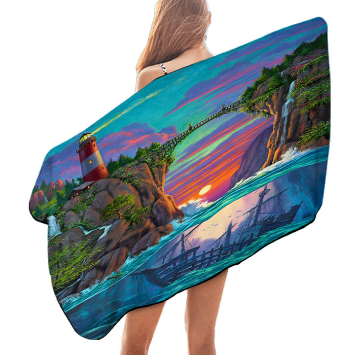 Stunning Art Sunset Sunken Ship and Lighthouse Beach Towels