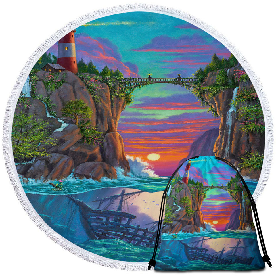 Stunning Art Sunset Sunken Ship and Lighthouse Circle Beach Towel