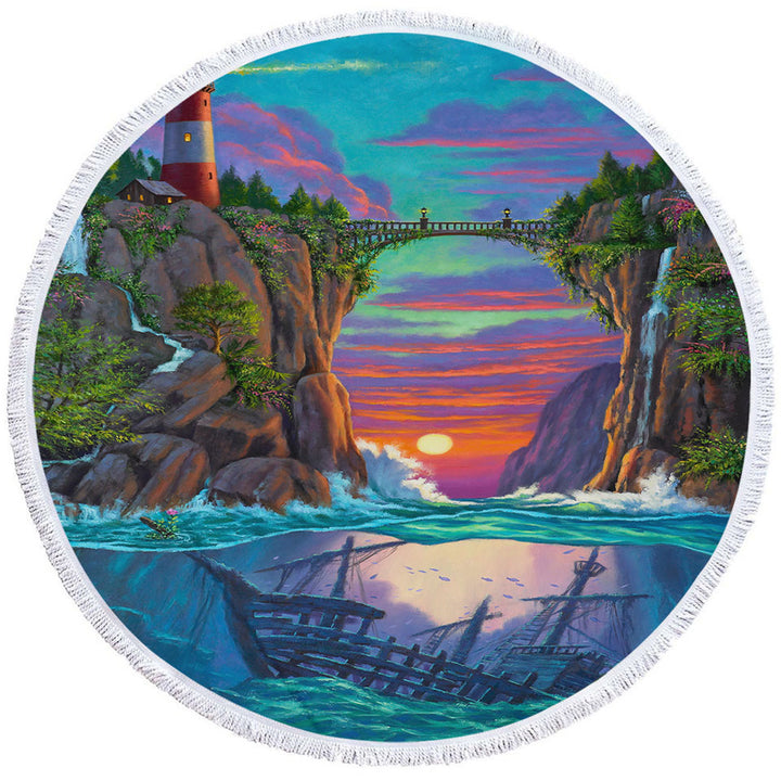 Stunning Art Sunset Sunken Ship and Lighthouse Round Beach Towel