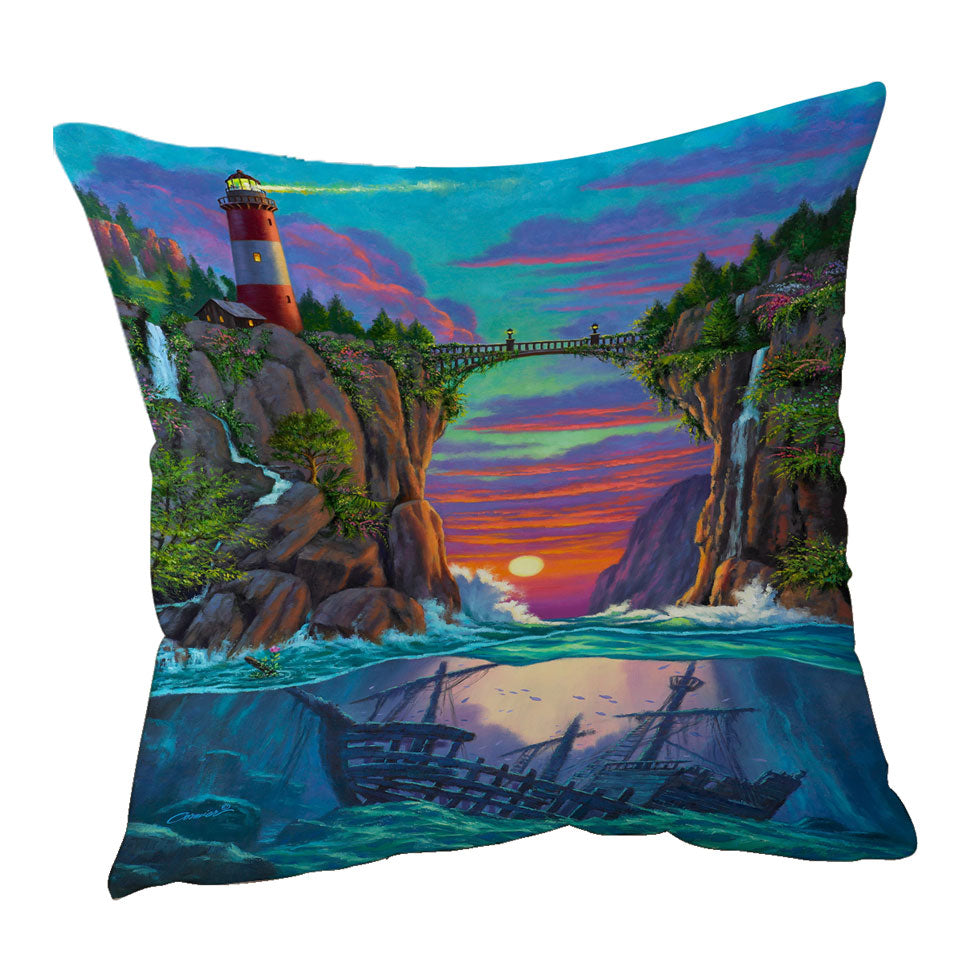 Stunning Art Sunset Sunken Ship and Lighthouse Sofa Pillows