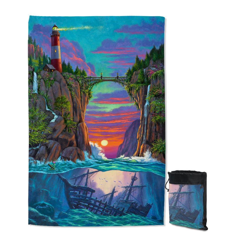 Stunning Art Sunset Sunken Ship and Lighthouse Unique Beach Towels for Travel