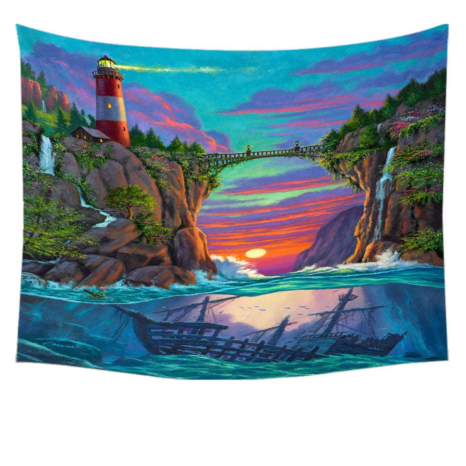 Stunning Art Wall Decor with Sunset Sunken Ship and Lighthouse Tapestry