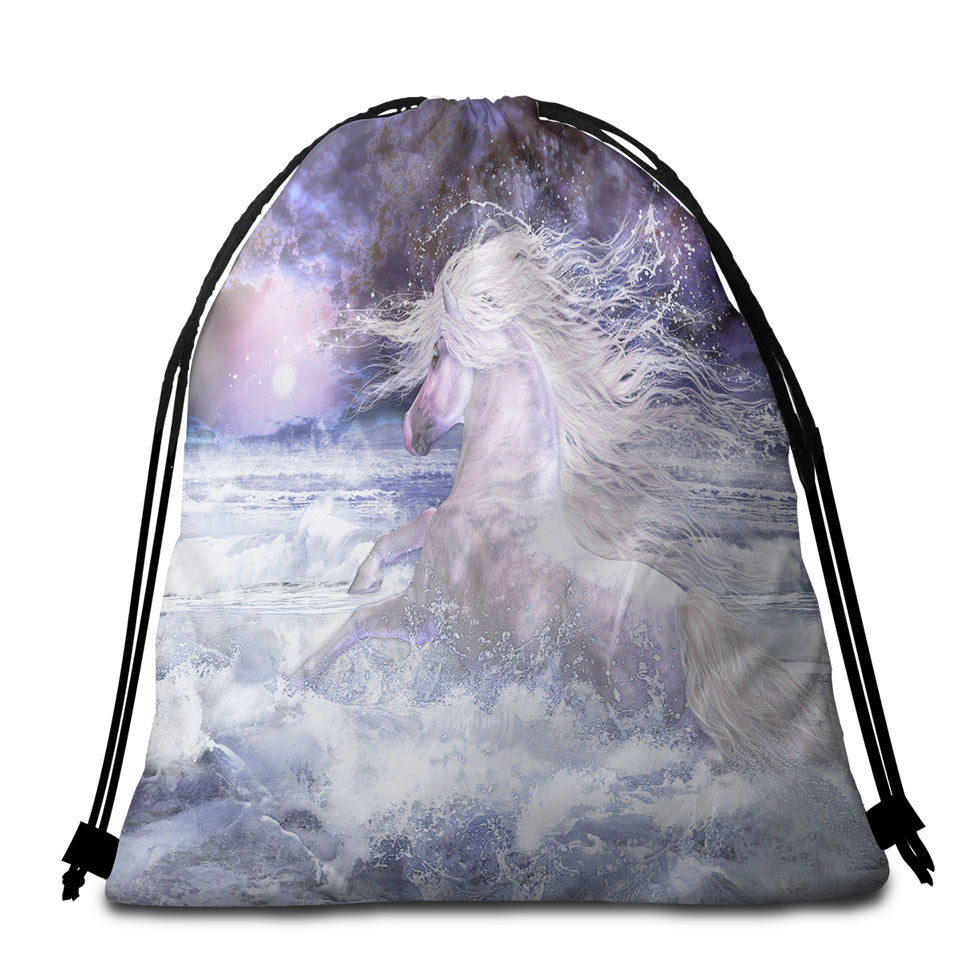 Stunning Beach Bags and Towels White Horse Running in the Ocean