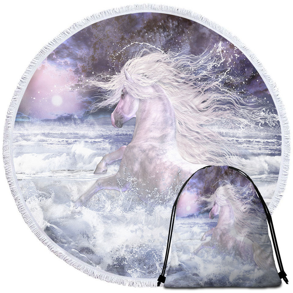 Stunning Beach Towels On Sale White Horse Running in the Ocean