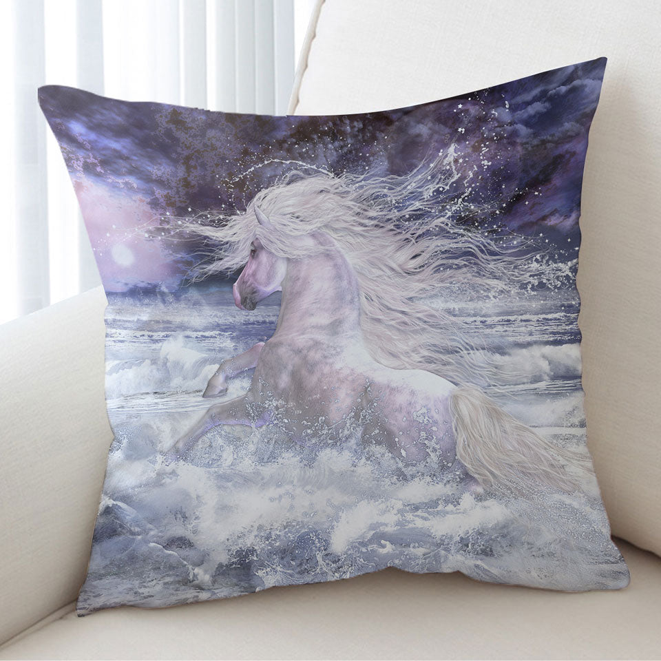 Stunning Decorative Cushions White Horse Running in the Ocean