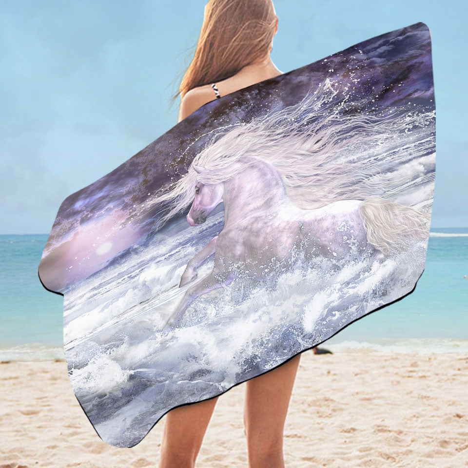 Stunning Unique Beach Towels White Horse Running in the Ocean
