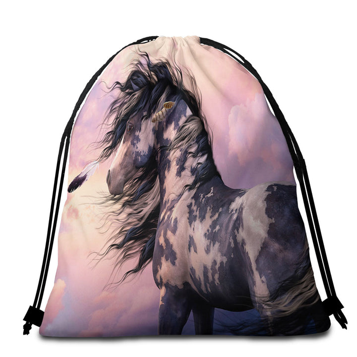 Sunset Clouds Beach Towel Bags behind Black and White Pinto Horse